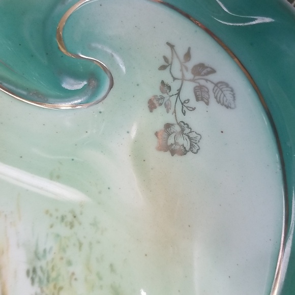 Germany Three Crown China Big Cottage Scenic Bowl With Wavery Green Gold Flowers - Picture 8 of 16